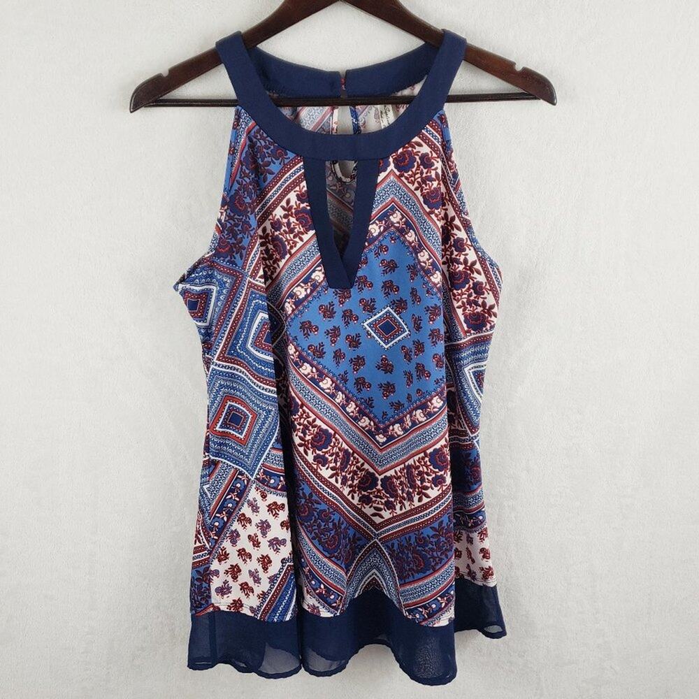 PerSeption Concept Halter Top Women M Blue Maroon Floral Stripe Flowy Keyhole